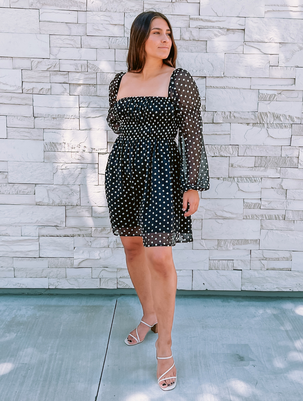 Black and White Embroidered Flower Dress